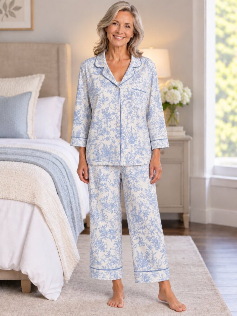 BedHead Pajamas Sz L Blue White Toile Cotton 2 Piece PJ Set Cottagecore Luxe